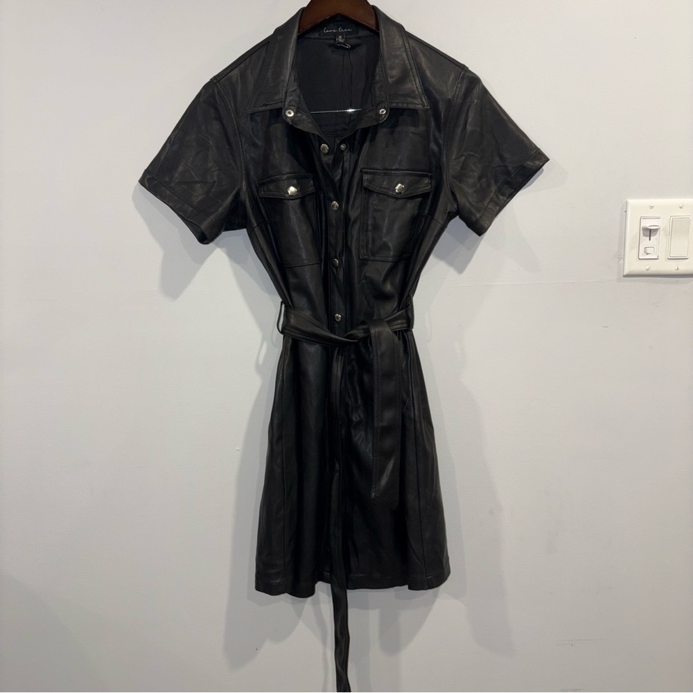 Black Faux Leather Shirt Dress